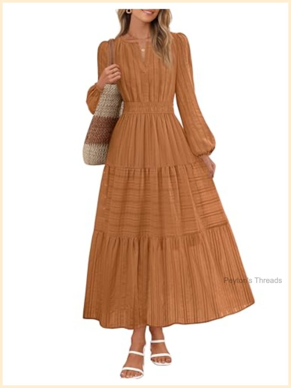 Women's Cotton Lace-Trim Puff Sleeve V-Neck Maxi Dress with Pockets